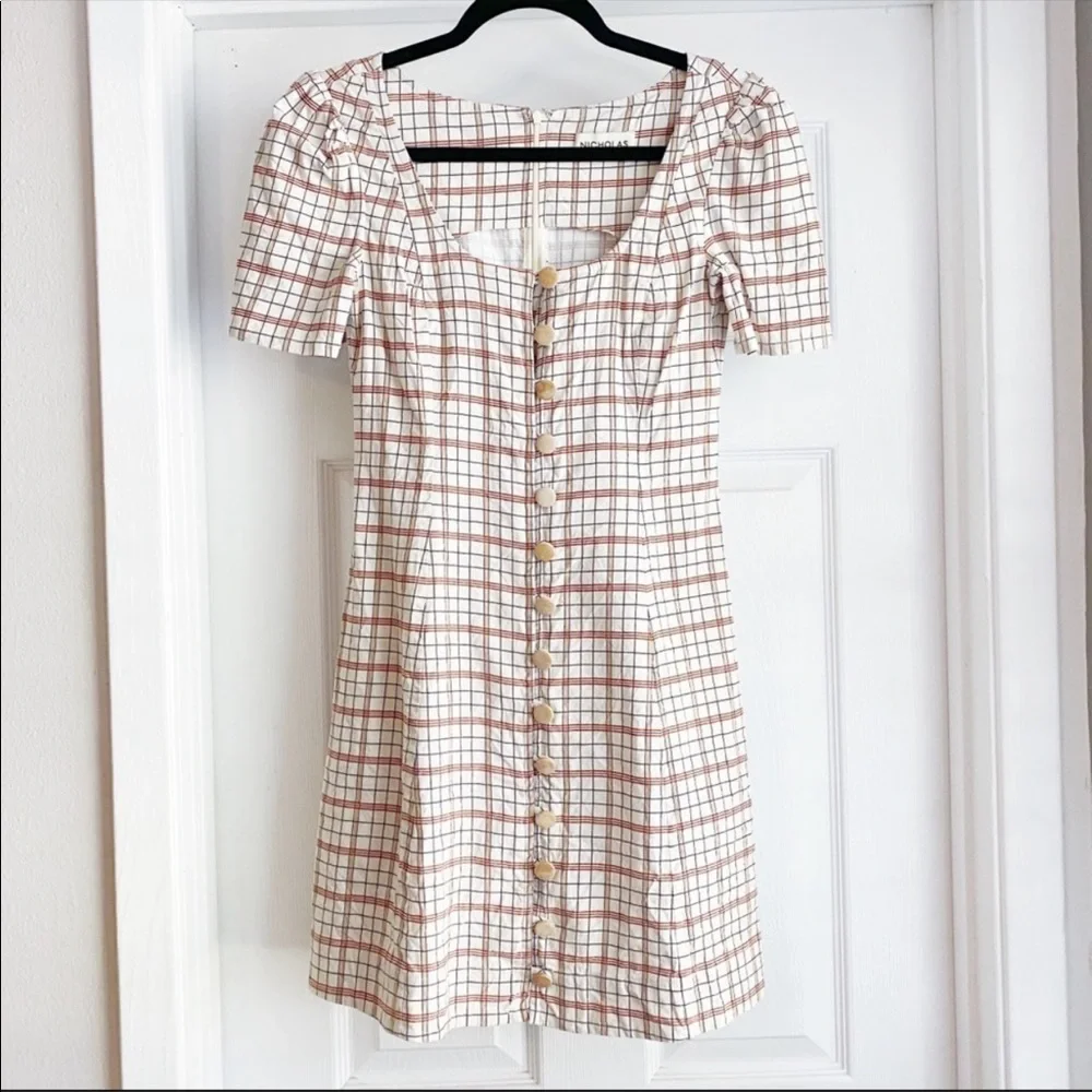 Nicholas Plaid Button Front Puff Sleeve Mini Dress Linen Blend Cream Red Size 2 - Picture 4 of 12